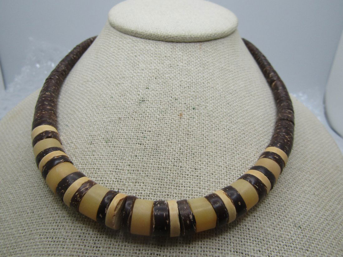 Vintage Heishi Brown & Cream Beaded Necklace, 17.25" (1 of 8)