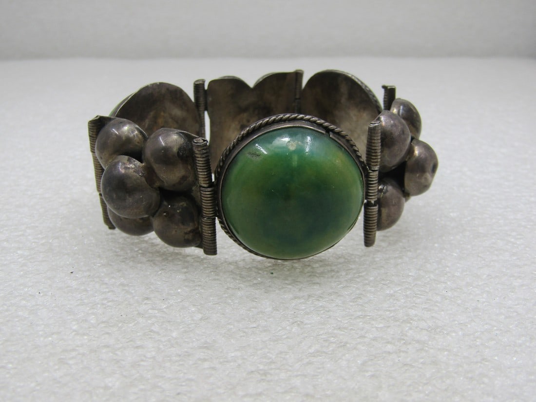 Vintage Sterling Mexican Green Calcite Bracelet, 7.5", 1930's-1940's (1 of 8)