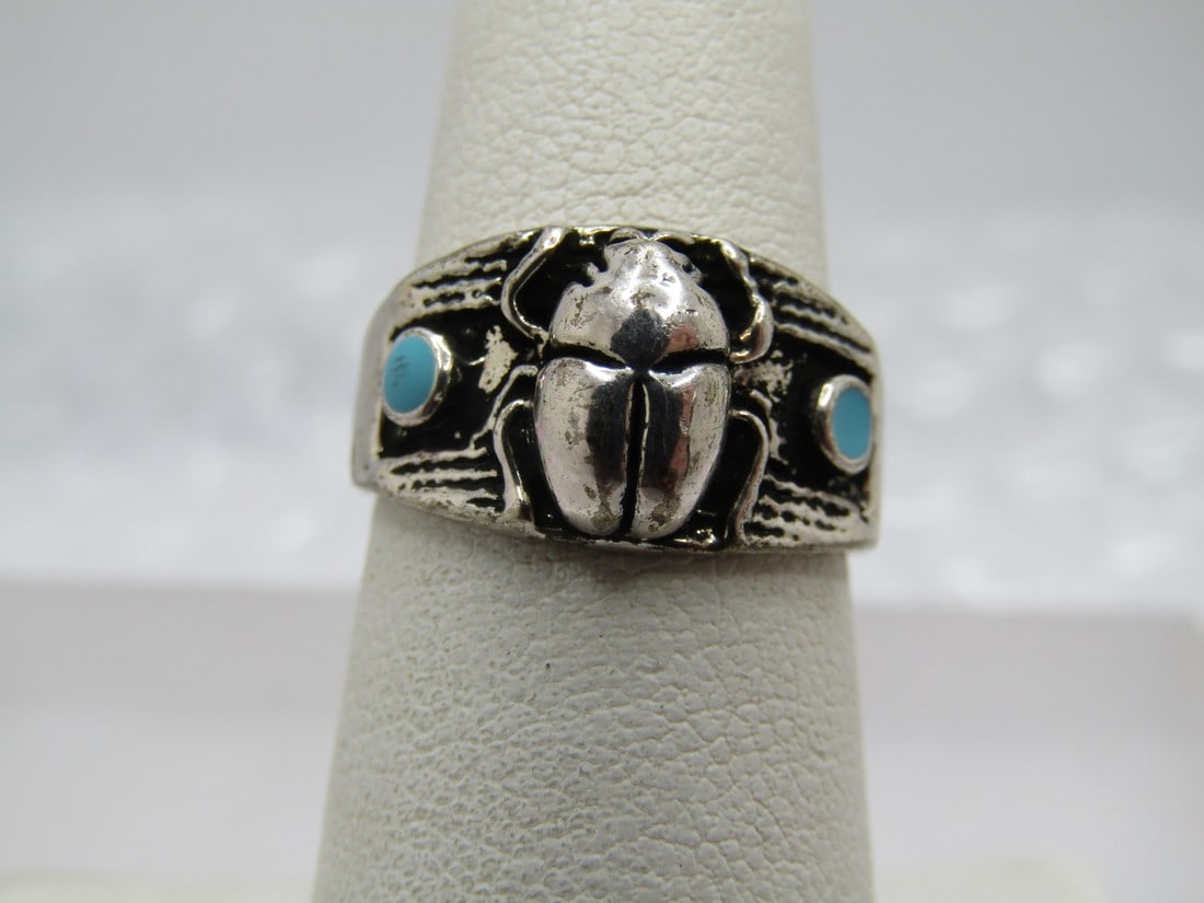 Vintage Faux Turquoise Scarab Ring,  Egyptian Themed, z. 6, Silver Tone, 1980's-1990's (1 of 5)
