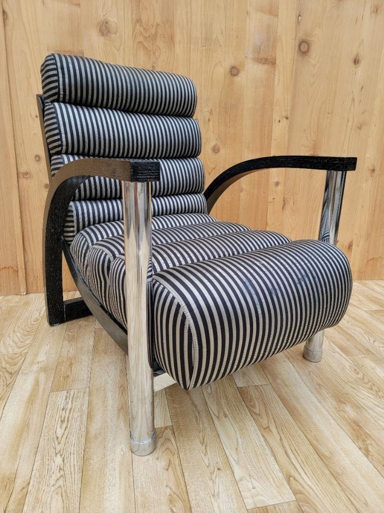 Art Deco Jay Spectre Postmodern "Eclipse" Lounge Chair: Vintage from before 2000 Materials: chrome, metal, wood, oak, textile Overall width: 26 inches Overall height: 34 inches Overall depth: 34 inches Seat height: 16 inches Art Deco Jay Spectre Postmodern