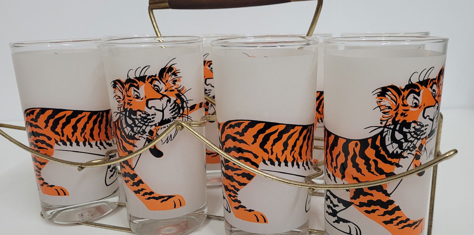 Mid Century Modern Glass Set Barware Cocktails Exxon Esso Gasoline Frosted Tiger Advertisement: Vintage from the 1960s Materials: Glass "Mid Century Modern Glass Set Barware Cocktails Esso / Exon Gasoline Frosted Tiger Advertisement 8 Glasses and Carrier or Holder. 5.5""H x 2.75""W each glass Ve