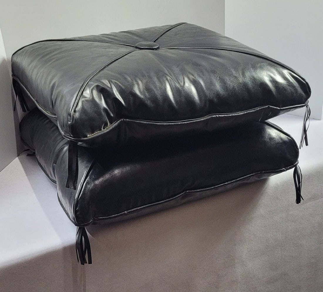 2 Vintage Black Vinyl Floor Pillows Faux Leather Mid Century Modern Stackable Seats Cushions (1 of 8)