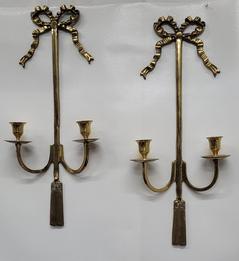 Pair of Vintage French Brass Wall Sconce Dual Arm Bows Candle Holder Neoclassical (1 of 6)