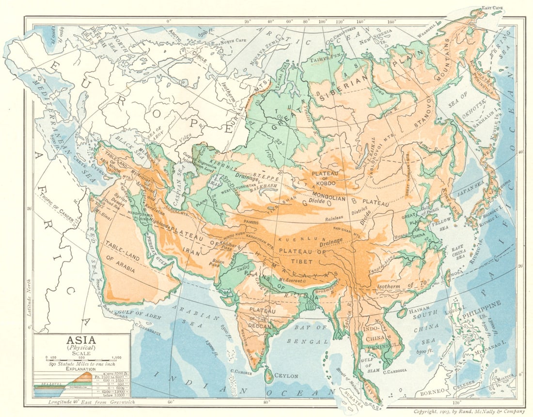 Asia (Physical). Elevation. Mountains 1907 old antique vintage map plan chart: TITLE/CONTENT OF MAP: 'Asia (Physical)' DATE PRINTED: 1907 IMAGE SIZE: Approx 16.5 x 21.5cm, 6.5 x 8.25 inches (Medium); Please note that this is a folding map. TYPE: Vintage colour map CONDITION: Goo