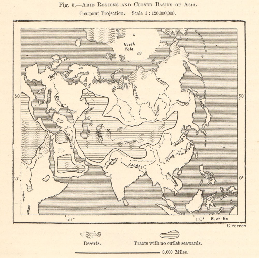 Arid Regions and Closed River Basins of Asia. Sketch map 1885 old antique (1 of 1)