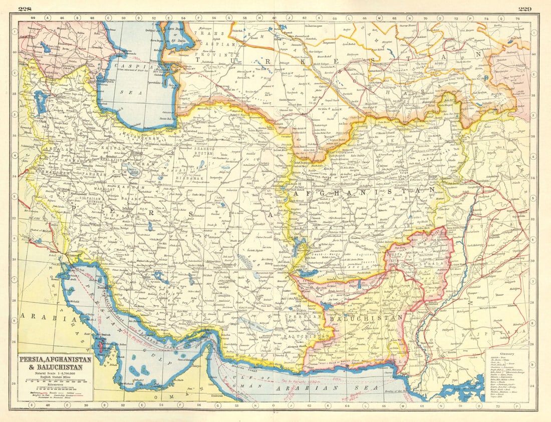 SOUTH WEST ASIA. Persia Afghanistan Baluchistan.Pakistan.British India 1920 map: CAPTION PRINTED BELOW PICTURE: 'Persia, Afghanistan & Baluchistan' DATE PRINTED: 1920 IMAGE SIZE: Approx 34.0 x 45.0cm, 13.25 x 17.5 inches (Large) TYPE: Vintage colour map CONDITION: Good; suitable f