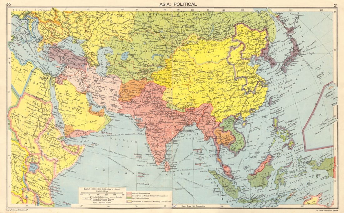 WW2 ASIA. Japanese-occupied China Indochina Philippines. Middle East 1942 map (1 of 1)