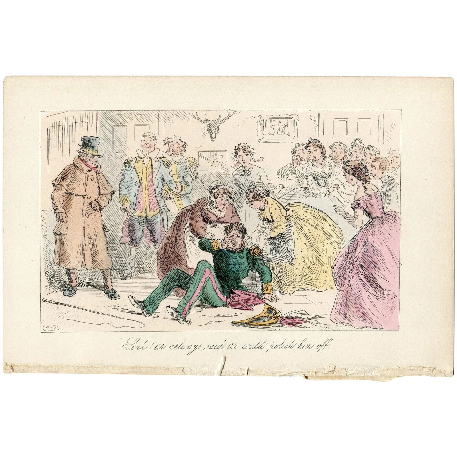 John Leech. Sink ar arlways said ar could polish him off - 1854 engraving: Sink ar arlways said ar could polish him off John Leech (29 August 1817 – 29 October 1864). Provenance: Handley Cross; or, Mr. Jorrocks's Hunt written by Robert Smith Surtees. Illustrated by Joh