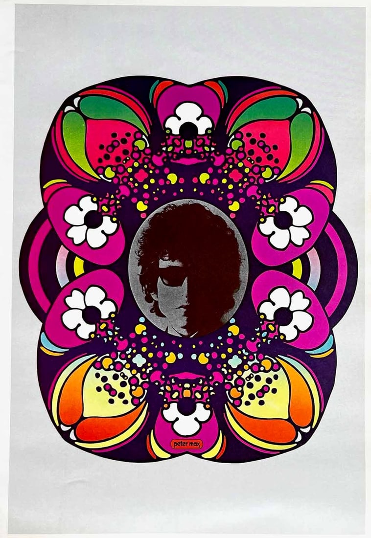 Peter Max Pop Art Poster 5 Bob Dylan 1970: Artist: Peter Max Country: Germany / USA Title: Bob Dylan Medium: Offset Paper Size: 16.5 x 11 inch Marks: Not signed not numbered Published: 1970 Peter Max Poster Corp. Provenance: Peter Max Po
