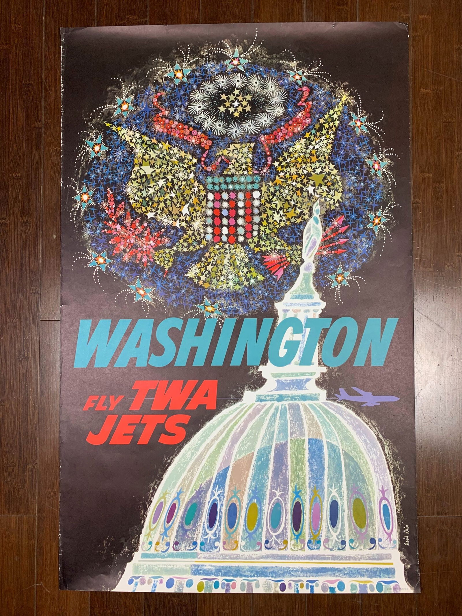 TWA Washington - Art By Klein (1958) 25x40 US Travel Poster: TWA Washington - Art By Klein (1958) 25x40 US Travel Poster, Please refer to the attached photos to determine the condition of this original vintage item. Note: LB means Linen Backed. Ready for you to
