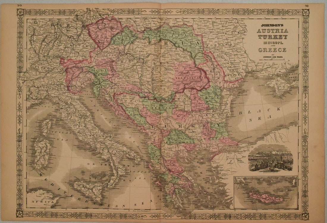1866 Johnson's Map of Hungary, Austria, Greece and Turkey in Europe -- Johnson's Austria, Turkey in (1 of 1)