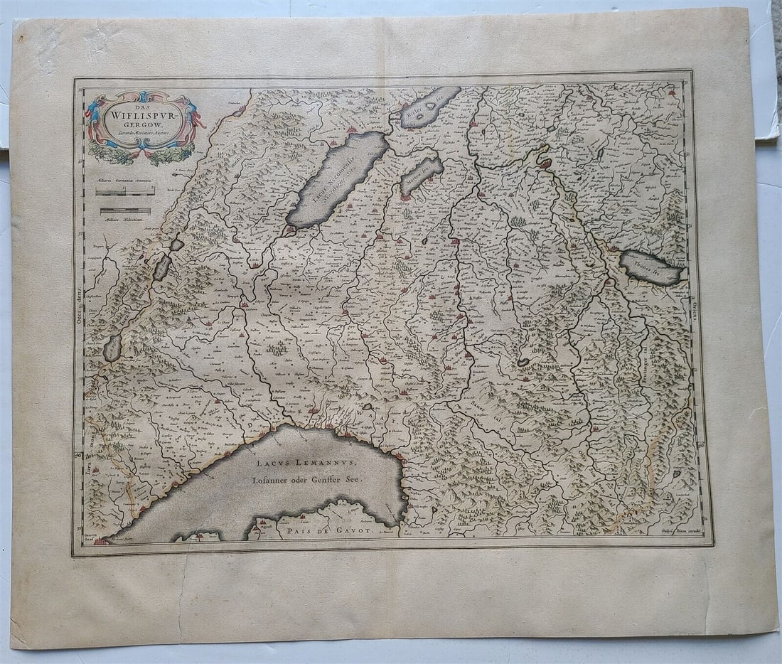 1636 MAP of SWITZERLAND DAS WIFISPURGERGOU antique 15 by 19": 1636 MAP of SWITZERLAND DAS WIFISPURGERGOU by Hondius , from Mercator Atlas Overall size 19.5 by 23.5" (map 15 by 19") Good condition, backed on paper Reserve: $98.00 Shipping: Domestic: Flat-rate of 