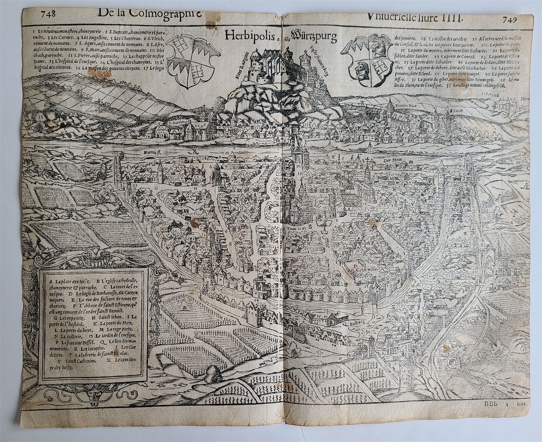 1575 WURZBURG GERMANY LEAF - BELLEFOREST EDITION of MUNSTER COSMOGRAPHY antique: Francois de Belleforest (1530 – 1583) Paris, 1575 Rare HERBIPOLIS (WURZBURG), GERMANY VIEW AND DESCRIPTION DOUBLE LEAF from 1575 Belleforest revised French edition of Munster’s cosmography