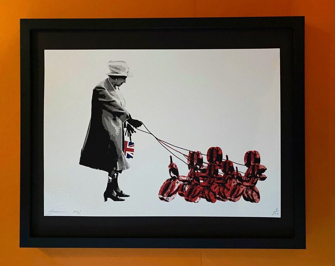 DEATH NYC Hand Signed LARGE Print Framed 16x20in COA QUEEN ELIZABETH PUPPY B: This is a Stunning and Scarce 100% Authentic New Print by Death NYC Hand Signed and Numbered in Pencil by the Artist Limited Edition of 100 Large Size: 45cm x 32cm About 18x13in Fine Art 300 gsm Paper