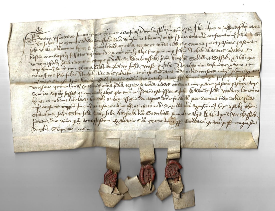 1467 English Charter Red Wax Seals Reign Henry VI: English Charter for property in Essex being a grant by Thomas Cranford, John Algore and John Yongeman of Wethersfield confirm to John Oakemant, John Walacre, Lawrence Kyng and Thomas Loveland all land