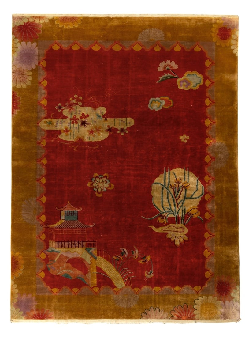 Hand-Knotted Vintage Chinese Art Deco Rug, Red and Gold Pictorial Pattern: Title: Hand-Knotted Vintage Chinese Art Deco Rug, Red and Gold Pictorial Pattern Description: Depicting an attractive pictorial representation of classic Chinese temple and floral imagery, a vintage 9