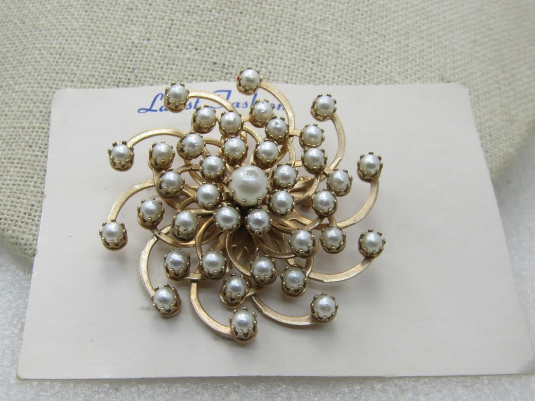 Vintage Faux Pearl Spiral Brooch, 1960's, 2", On Ladies Fashion Card (1 of 5)