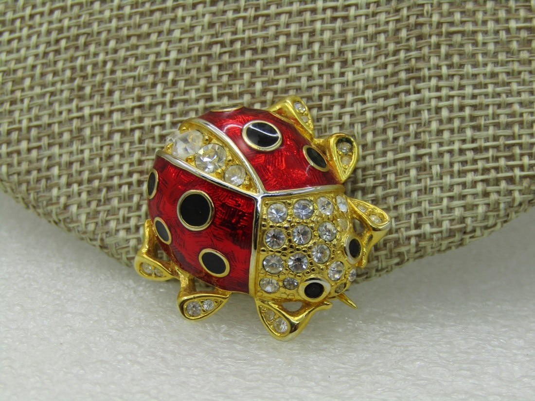 Vintage Joan Rivers Red Enameled Lady Bug Brooch, Clear Rhinestones, Black Enameling, 1" by 1.25" (1 of 6)