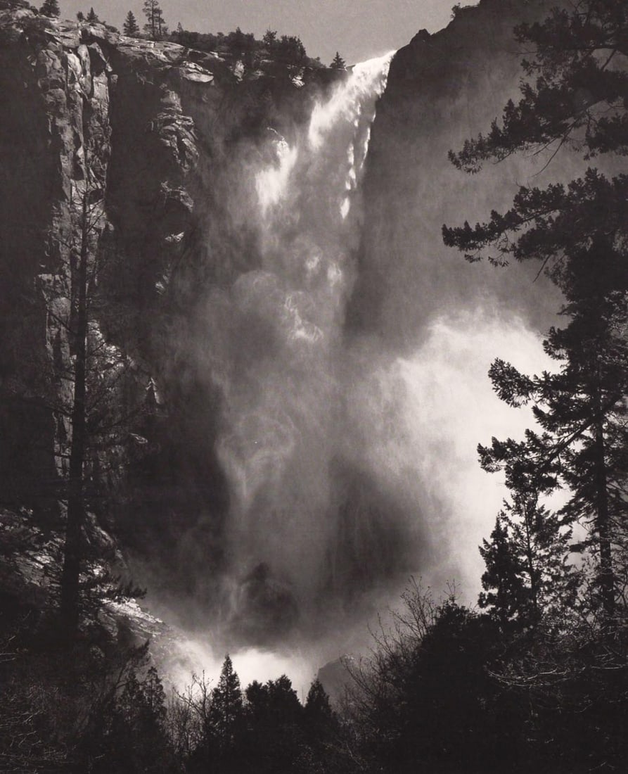 ANSEL ADAMS - Bridal Veil Fall, Yosemite c. 1927: Artist: ANSEL ADAMS Print Title: Bridal Veil Fall, Yosemite c. 1927 Medium: Duotone Photolithograph Printed 1980’s in the US (smaller print) Image Size: approx. 7.5 x 6” Ansel Easton Adams