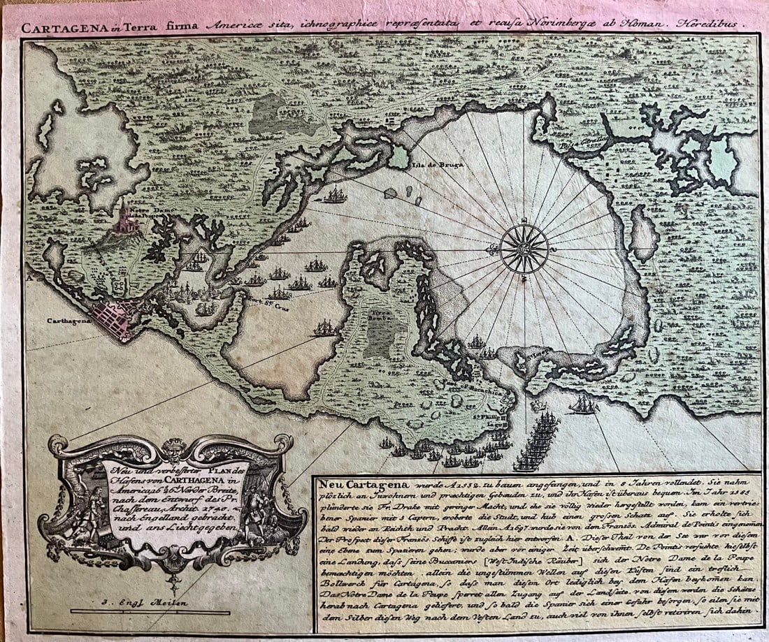Port of Cartagena under attack by the French. 1742 by Homann Heirs: Title: Port of Cartagena under attack by the French. 1742 by Homann Heirs Date/Period: 1742 Materials: Hand colored copperplate engraved Size: 11 1/2 x 9 3/4” This map of Carthage Port, Colombia