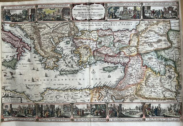 St. Paul’s travels. Middle East and parts of Europe by N. Visscher: Title: St. Paul’s travels. Middle East and parts of Europe by N. Visscher Date/Period: c1657 Materials: Hand colored copperplate engraved Size: 19 x 14” This map, titled "The Journey of St. Pa