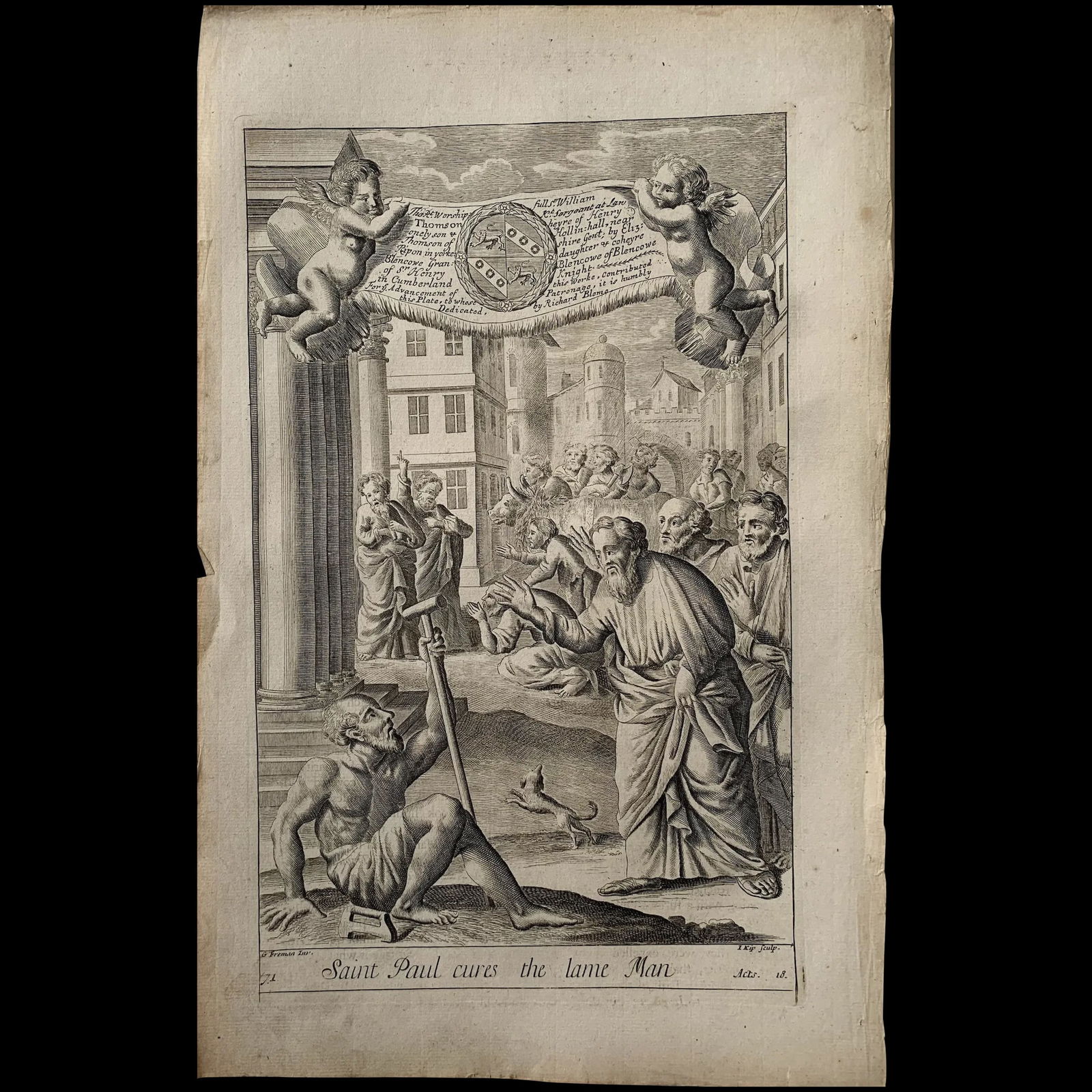 Saint Paul cures the lame man - Original antique engraving after G Freman, 17th century. (1 of 3)