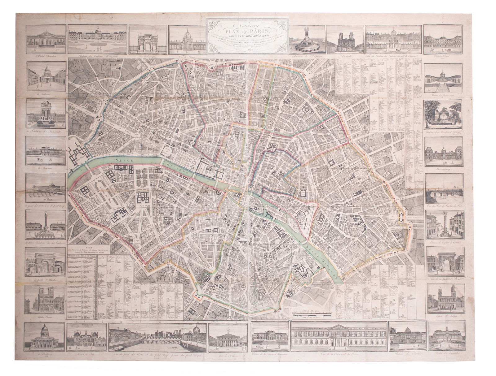 Large map engraving of Paris 1822 Auvray, Marchand d'Estampes , Quai Malaquais (1 of 6)