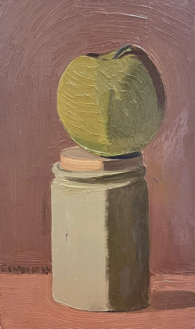20th Century French Modernist Oil Painting Apple Perched on Jar Lid (1 of 6)