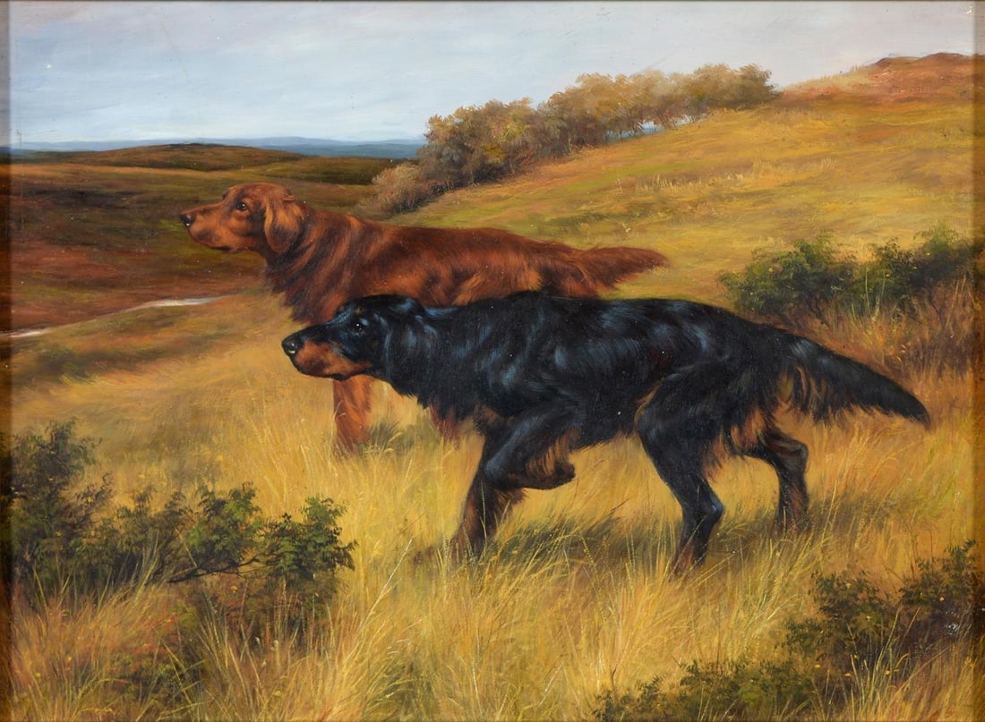 Setter Dogs Hunting in Moorland Landscape English Sporting Art Oil Painting: Manner of Arthur Wardle (English School) 20th century oil on panel framed framed: 15.5 x 21 inches panel: 11.5 x 15.5 inches provenance: private collection, UK condition: very good and sound condition