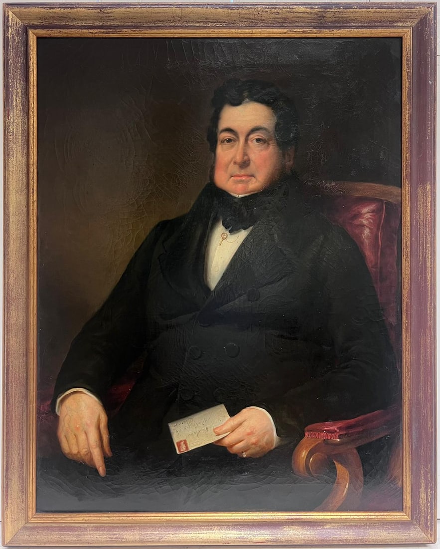 Very Large Mid 19th Century Victorian Portrait English Gentleman Seated Leather: The Victorian English Gentleman Portrait of a Man seated in a leather chair, holding a letter in his hand. oil on canvas , framed framed: 41 x 33 inches canvas: 36 x 28 inches provenance: private coll