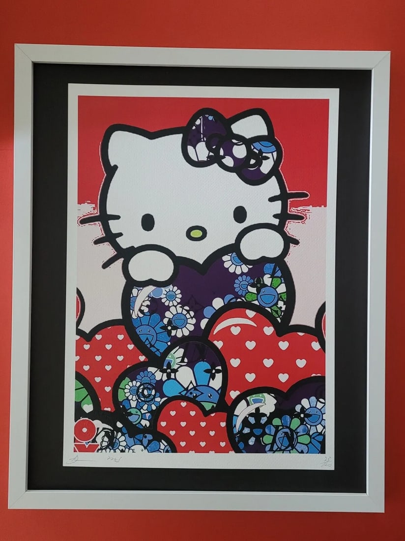 Death NYC LG Framed 16x20in Pop Art Original Certified / Hello Kitty Hearts %: Up for Sale this Beautiful and Scarce Print by Pop Art Graffiti Master Artist Death NYC Hand Signed in Pencil Numbered X/100 or Artist Proof This piece is mounted on a 20 x 16 in. black acid free blac
