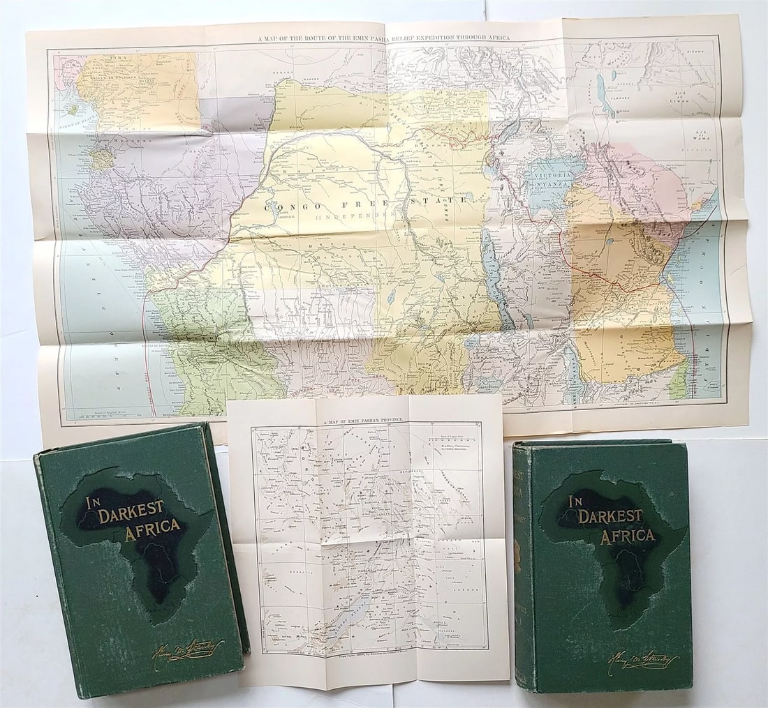 1890 IN DARKEST AFRICA by HENRY M. STANLEY antique 2 VOLUMES illustrated w/ maps: IN DARKEST AFRICA by HENRY M. STANLEY New York; 1890 Illustrated, including 2 folding maps in rear pockets. 2 volumes, complete Size 6 by 9" Original publisher's embossed decorated cloth; minor shelf-