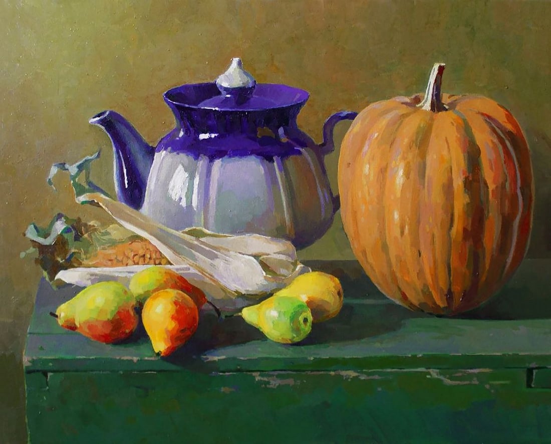 Oil painting Still life with pumpkin and pears Anastasia Yarosevich: 25YARO Painter: Anastasia Yarosevich Size: 45x55 cm/17.71x21.65 inches Components: oil, canvas Original painting CONDITION: excellent ARTIST: Anastasia Oleksandrivna Yarosevich, was born near the city