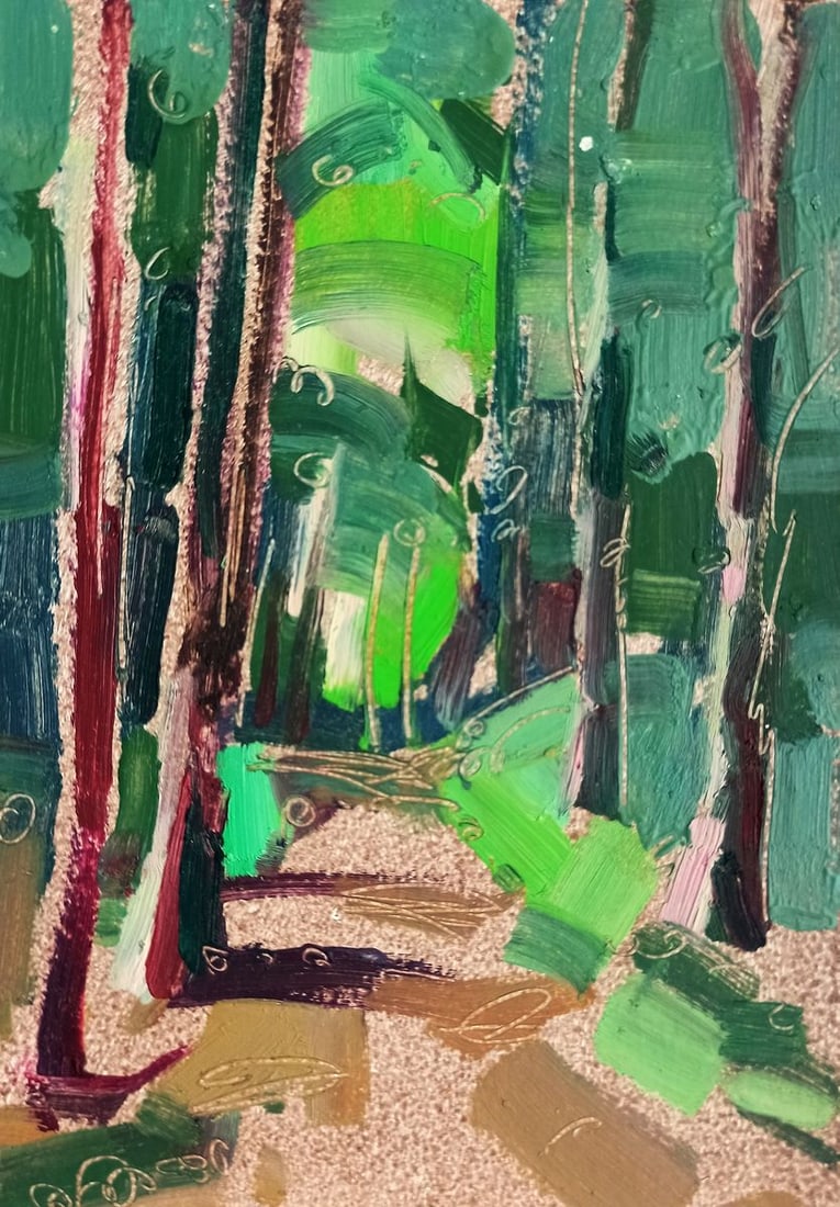 Oil painting Path in the green forest Viktor Khadzhinov: 16KHADZ Painter: Viktor Khadzhinov Size: 12x16 cm/4.72x6.29 inches Components: oil, cardboard Original painting CONDITION: excellent ARTIST: Born in Lviv in 1964. In 1983 He graduated from the Lviv Co