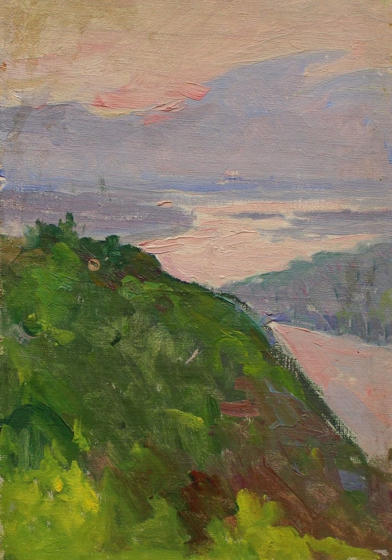Tyukha Ivan (Ukrainian artist), "Dawn over the river", oil on canvas on cardboard: ARTIST: Tyukha Ivan Andriyovich (1920 – 2000), Kyiv artist TITLE: "Dawn over the river" SIZE: 33 x 23 cm, (13 x 9 in.) MEDIUM: oil on canvas on cardboard YEAR OF CREATION: not dated CONDITION: G