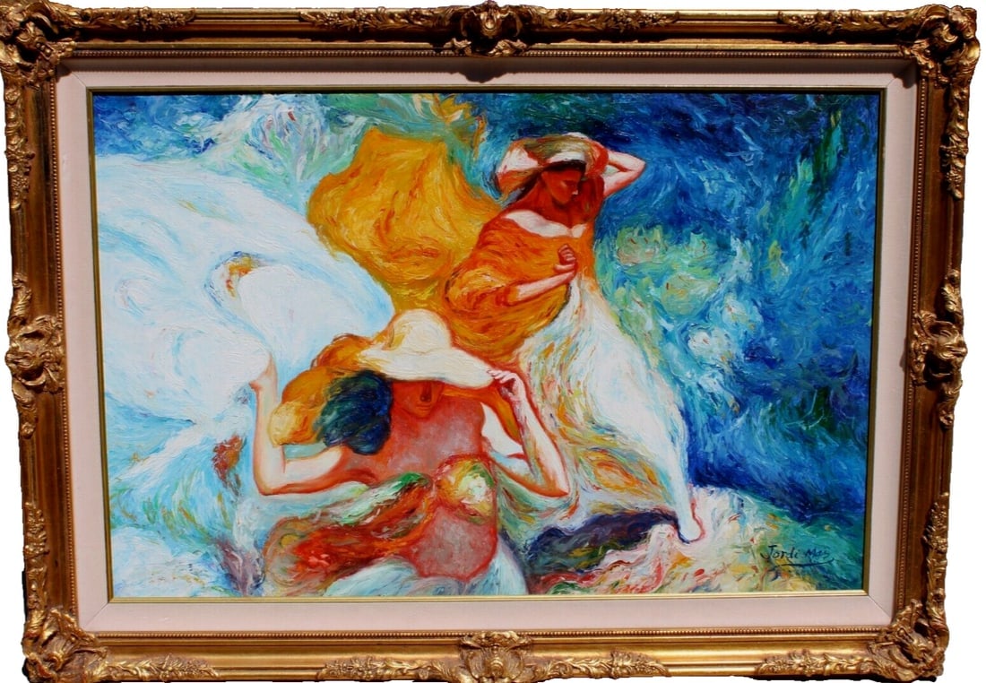 JORDI MAS Two Women in a Windy Seascape oil painting: JORDI MAS. Two Women in a Windy Seascape, 24" x 36" oil on canvas (framed size: 32" x 43") signed lower right. Ships in the frame for $85.00. If you don't want the frame we can discard it and ship the