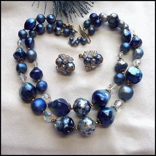 1950s Signed VENDOME Blue Pearl Vintage Crystal Necklace w Earrings Set (1 of 7)