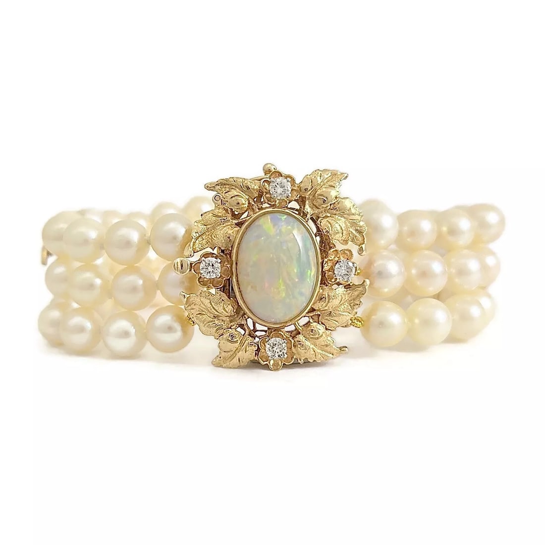Vintage 1950s Multi Strand Pearl Opal Diamond Bracelet 14K Yellow Gold, 36.16 Gr (1 of 10)