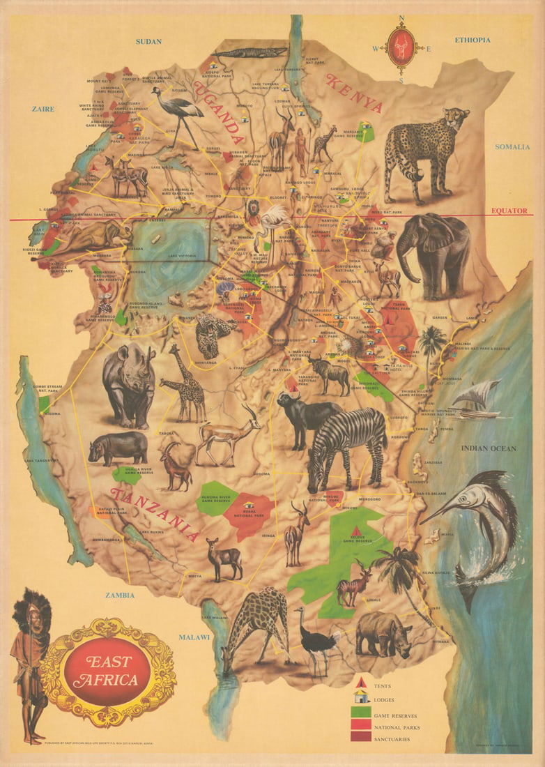 East Africa safari map. Game Reserves National Parks. Uganda Kenya Tanzania 1971 (1 of 1)