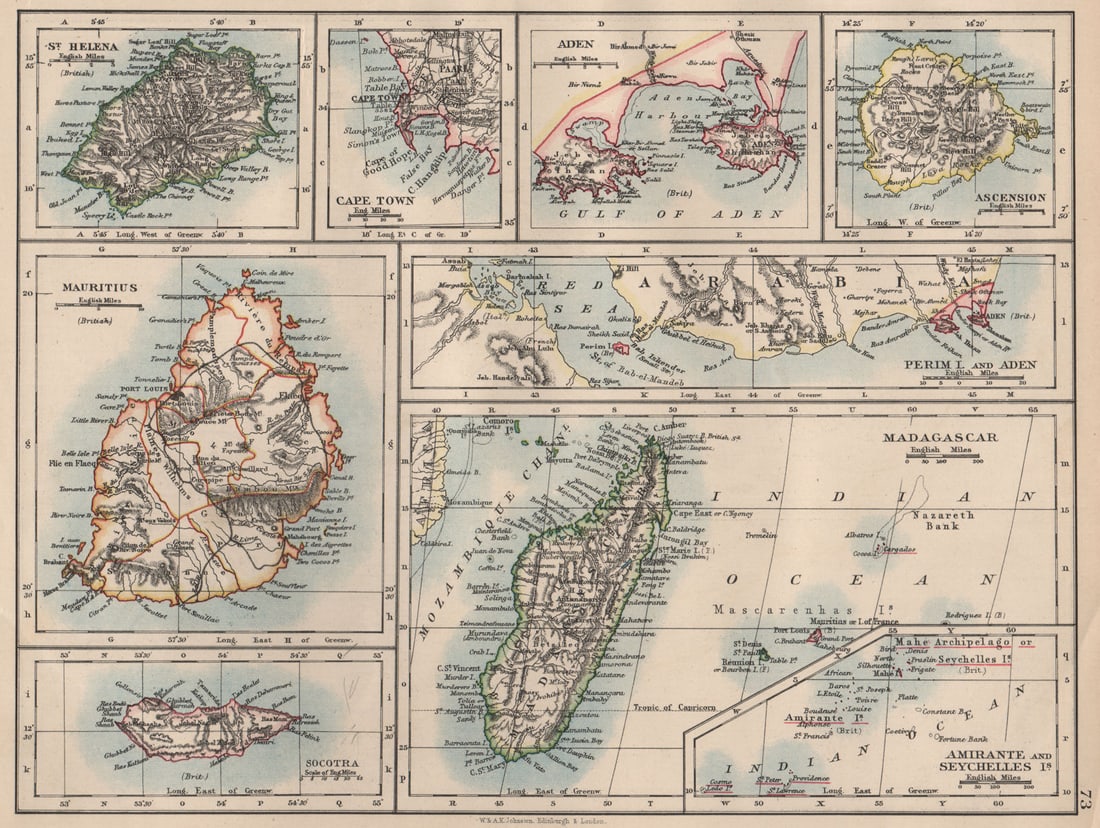 AFRICAN ISLANDS.Mauritius Madagascar Madeira Canaries St Helena 1897 old map: Title: AFRICAN ISLANDS.Mauritius Madagascar Madeira Canaries St Helena 1897 old map Description: Madagascar; St. Helena; Cape Town; Aden; Ascension; Mauritius; Socotra; Perim I. and Aden; Amirante and