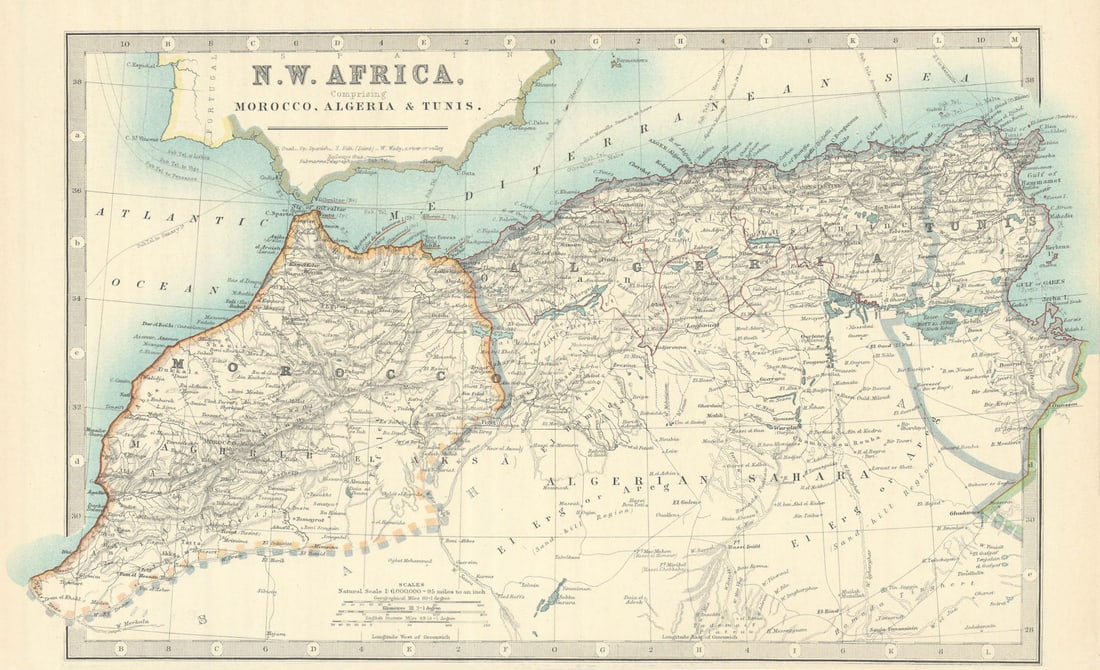 MAGHREB. North Africa Morocco Algeria & Tunisia. JOHNSTON 1913 old antique map (1 of 1)