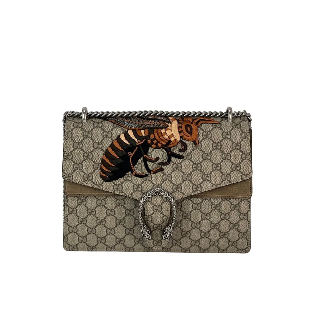Gucci GG Supreme Bee Embroidered Medium Dionysus Shoulder Bag: Pre-Owned 100% Authentic Gucci GG Supreme Bee Embroidered Medium Dionysus Shoulder Bag Heat Stamped S.Z. on right corner of Suede Flap RATING: A/B...Very Good, well maintained, shows minor signs of we