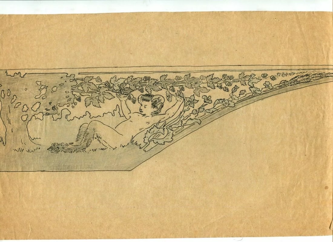 Vintage Art Nouveau Ink Drawing Original Flower, Pan Figure, Tree, Greenery (1 of 2)