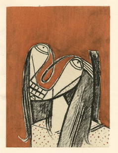 Julio Gonzalez pochoir "Tete sur fond rouille": Medium: pochoir (after the watercolor). Printed in Paris in 1957 by Jacomet and published by the Galerie Berggruen for a rare catalogue. Image size: 5 1/4 x 3 3/4 inches (133 x 98 mm). Not signed. Con