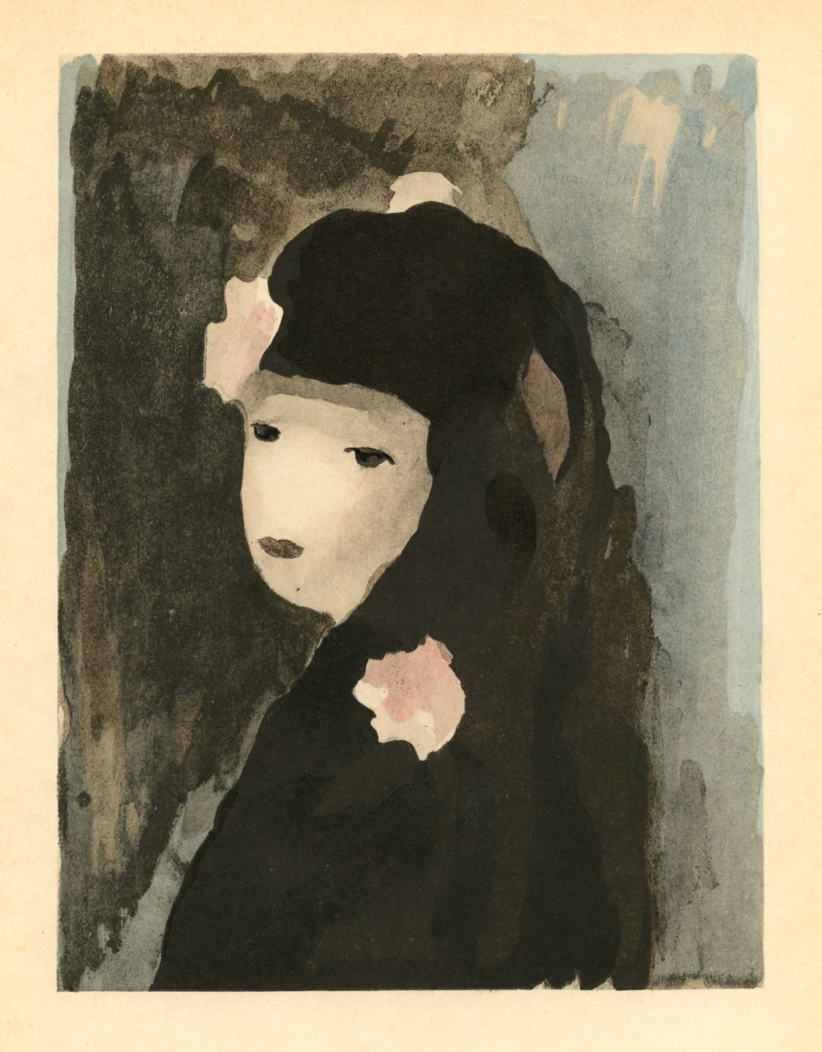 Marie Laurencin pochoir, 1928: Medium: pochoir (after the watercolor). Printed in 1928 at the atelier Daniel Jacomet and published by Editions des Quatre Chemins in an edition of 1000 on Lafuma paper. Image size: 7 3/4 x 5 7/8 inch