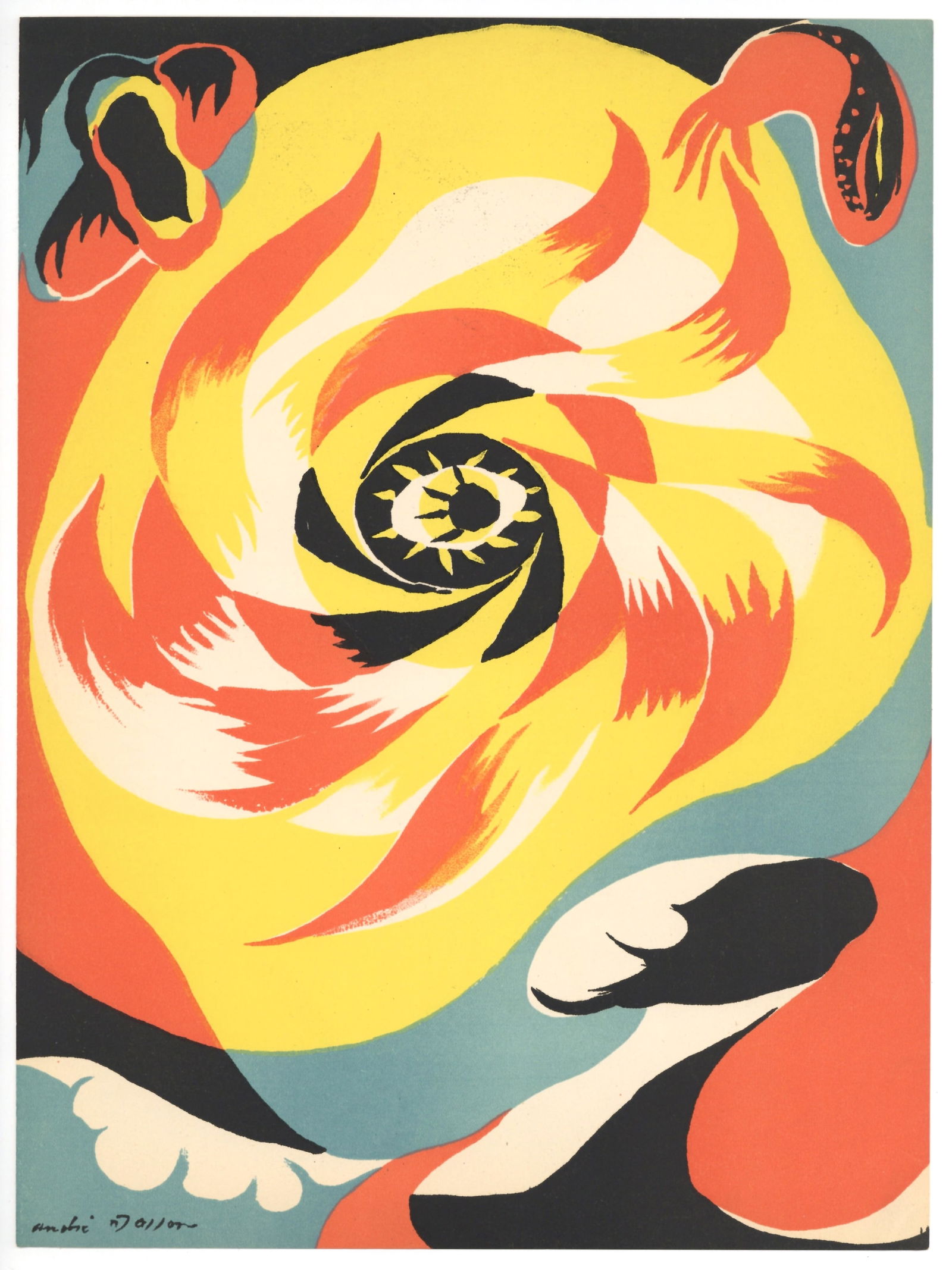 Andre Masson original lithograph "The Sun": Medium: original lithograph. Published in Paris in 1938 by Teriade for the second issue of the art revue Verve (Volume 1, Number 2). Andre Masson was invited to contribute an original composition on t