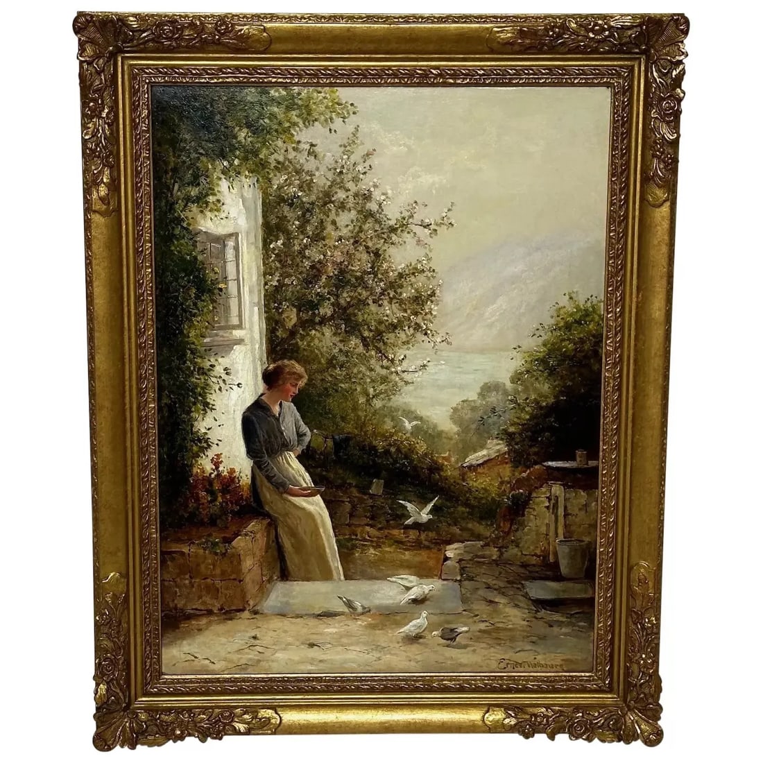 Oil Painting Lady Feeding The Doves In Country Garden By Ernest Charles Walbourn (1 of 20)