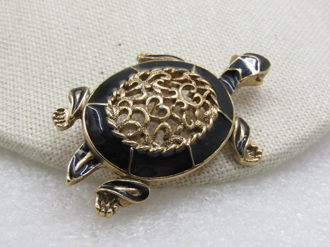 Vintage Black Enameled Scroll Turtle Brooch, 2.25" (1 of 7)