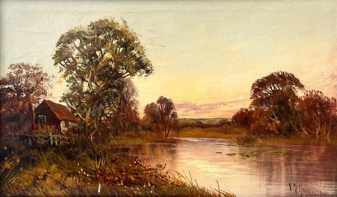 River Cottage Scotland Lowlands at Sunset Signed Antique British Oil Painting (1 of 14)