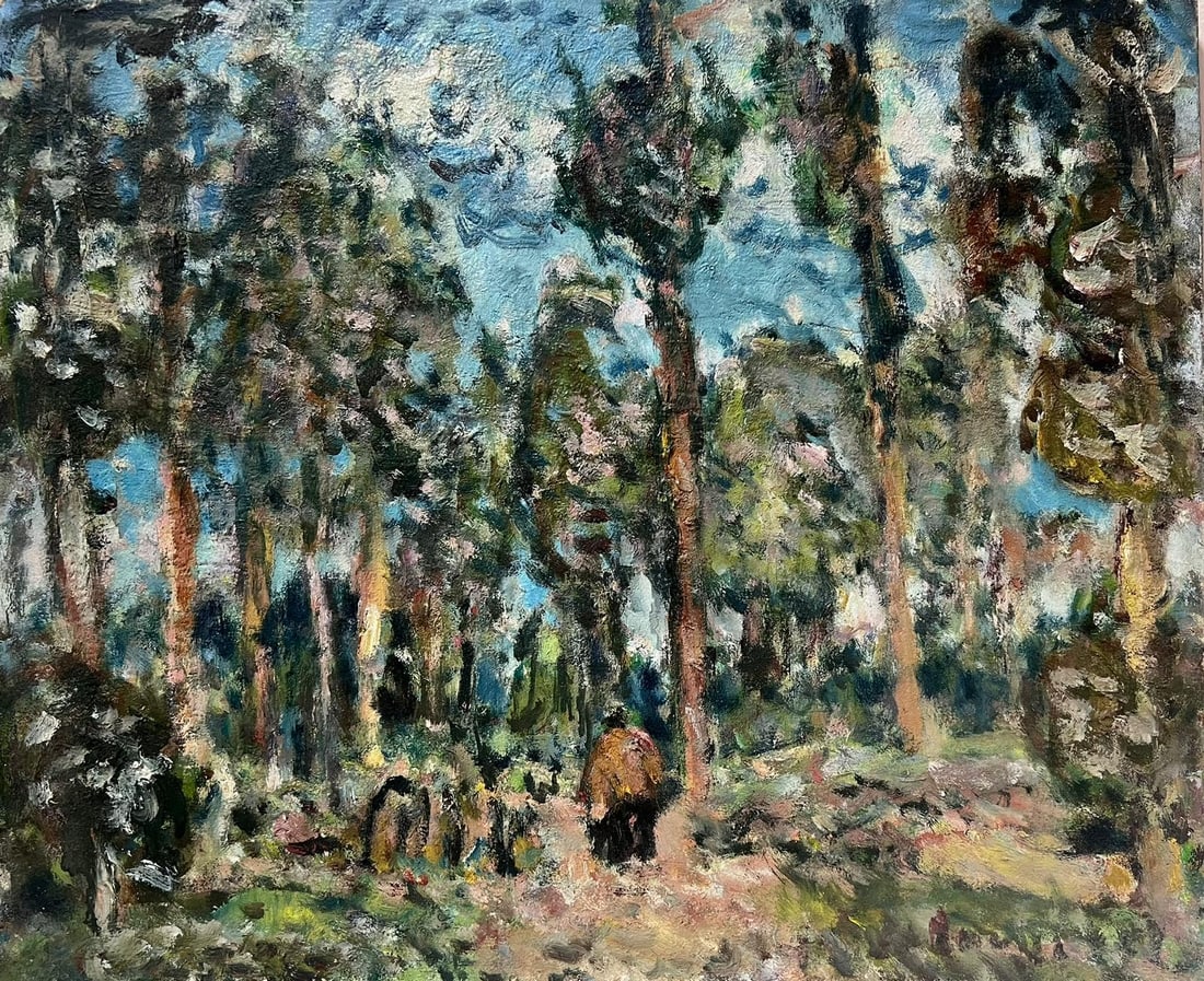 Mid 20th Century French Post-Impressionist Oil Figure Walking Through Woodland: Figure Through Woodland signed oil on canvas, unframed canvas: 15 x 18 inches provenance: private collection, France condition: very good and sound condition Creator: Georges Bousquait (1904 - 1976, F
